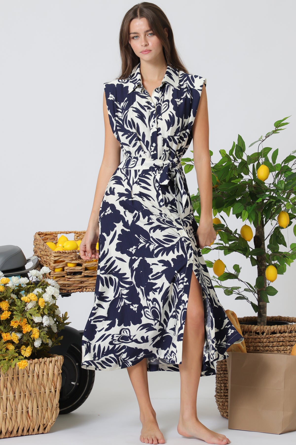 Aakaa Shoulder Pad Button Down Tie Front Waisted Midi Dress Large