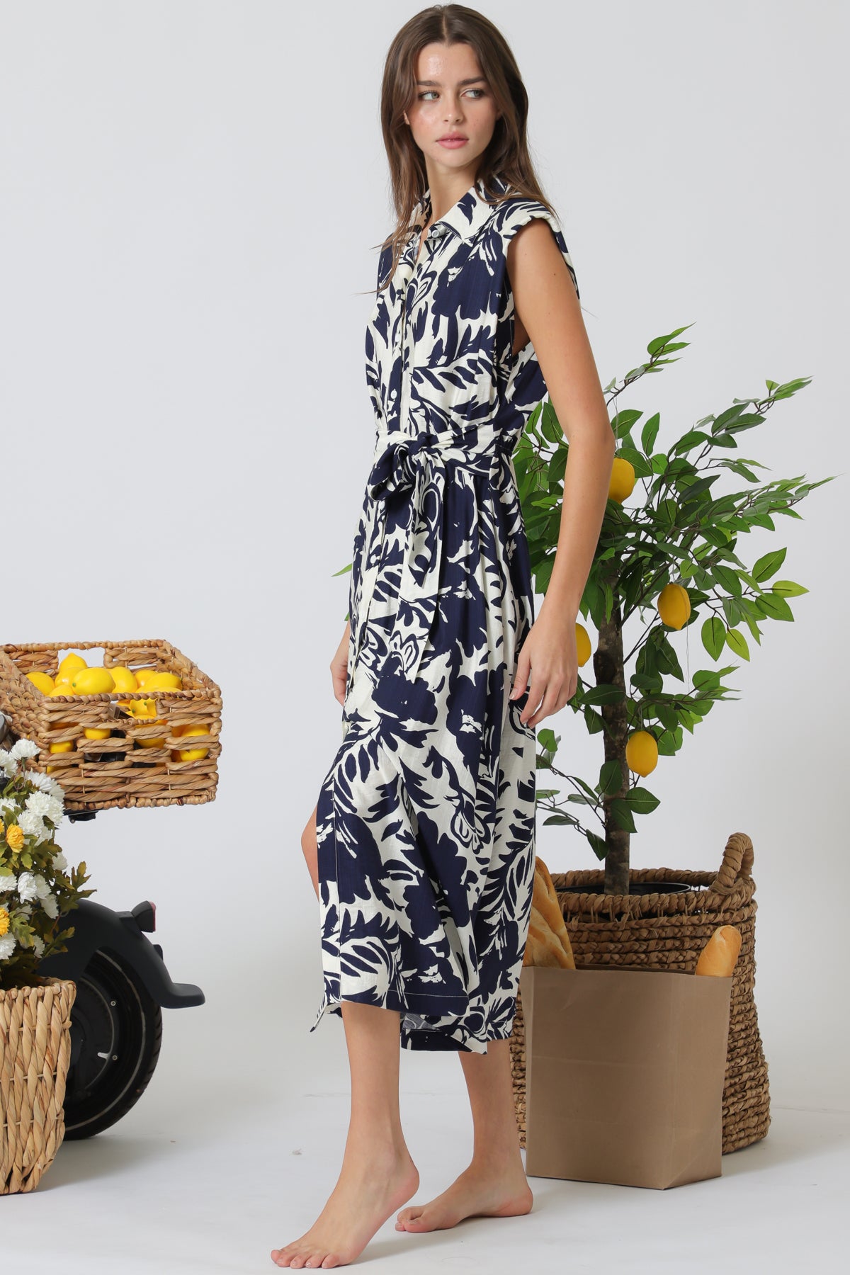 Aakaa Shoulder Pad Button Down Tie Front Waisted Midi Dress