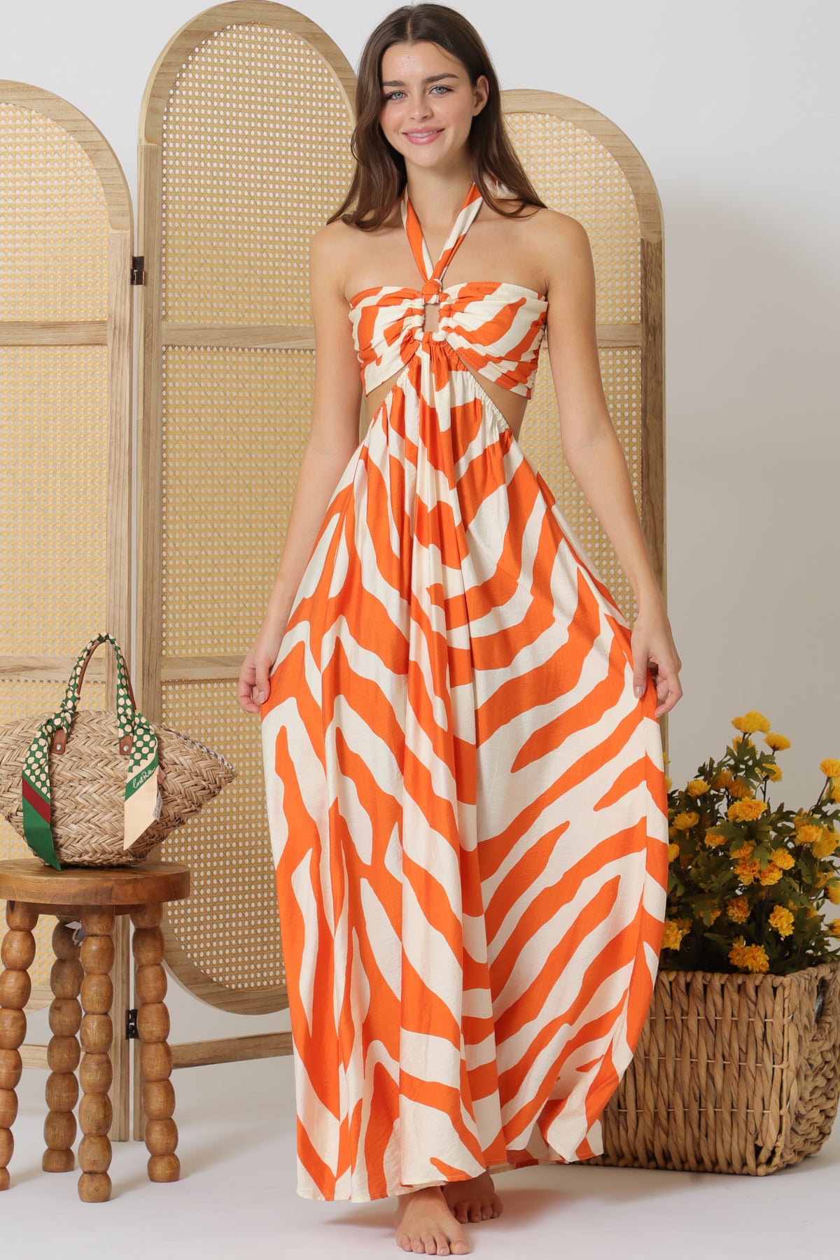Aaakaa Tie Back Neck Cut-out Elastic Waisted Maxi Dress