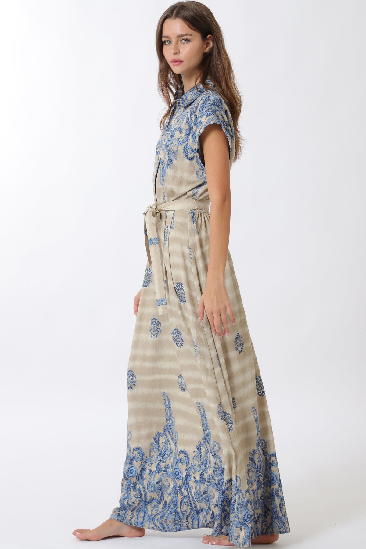 Aakaa Button Down Elastic Waisted Belted Maxi Dress