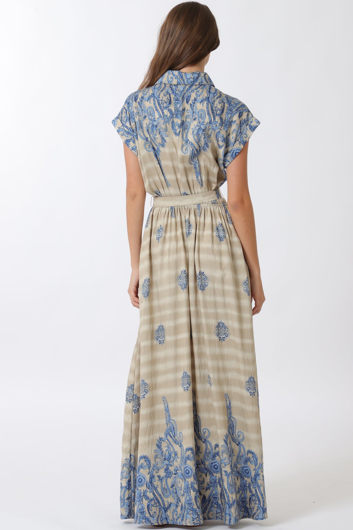 Aakaa Button Down Elastic Waisted Belted Maxi Dress