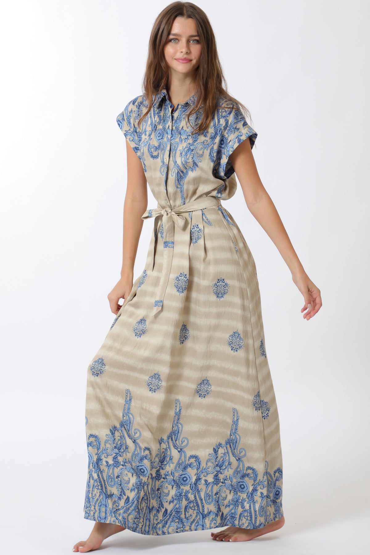Aakaa Button Down Elastic Waisted Belted Maxi Dress