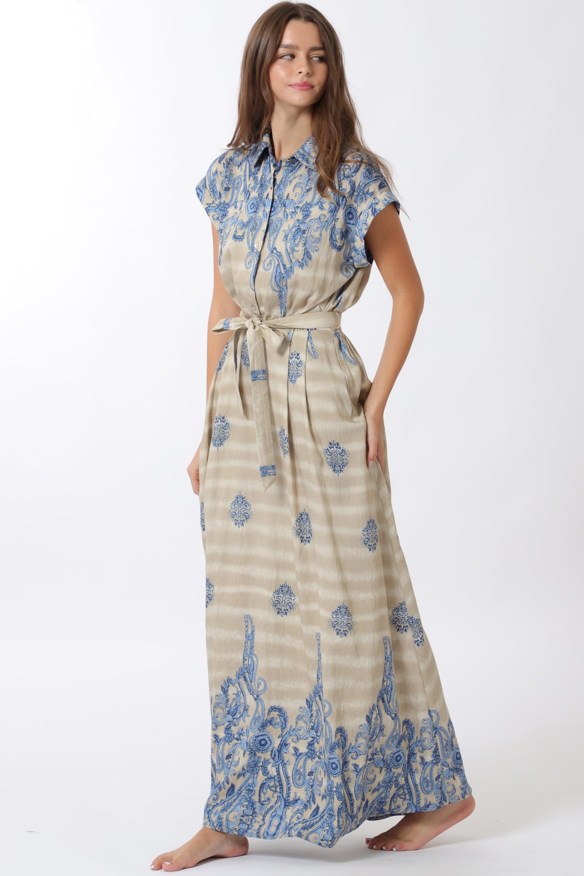 Aakaa Button Down Elastic Waisted Belted Maxi Dress