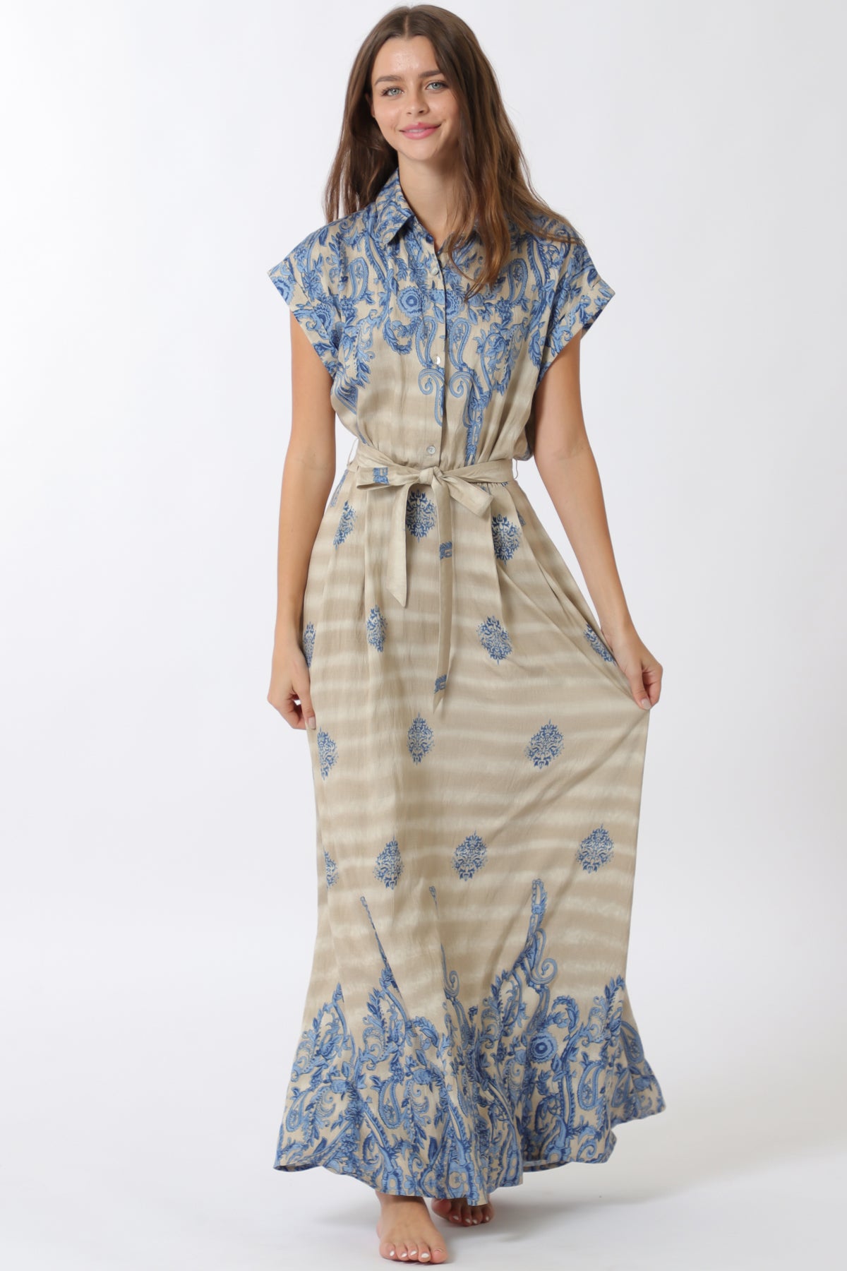 Aakaa Button Down Elastic Waisted Belted Maxi Dress