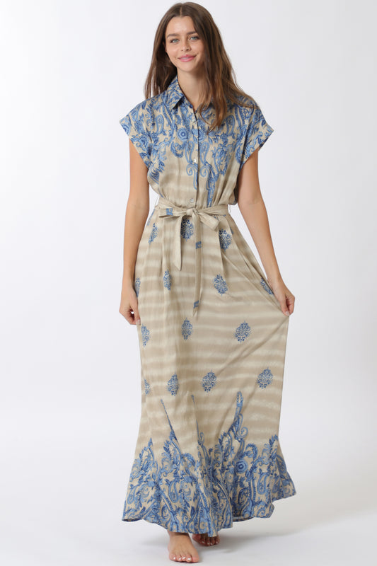 Aakaa Button Down Elastic Waisted Belted Maxi Dress