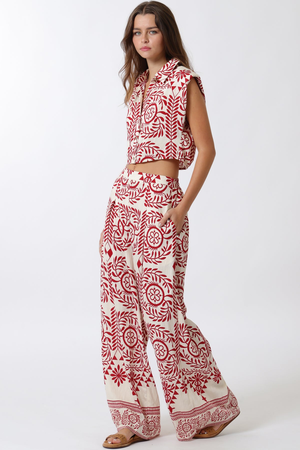 Aakaa Shoulder Pad Button Top & Long Pants Set