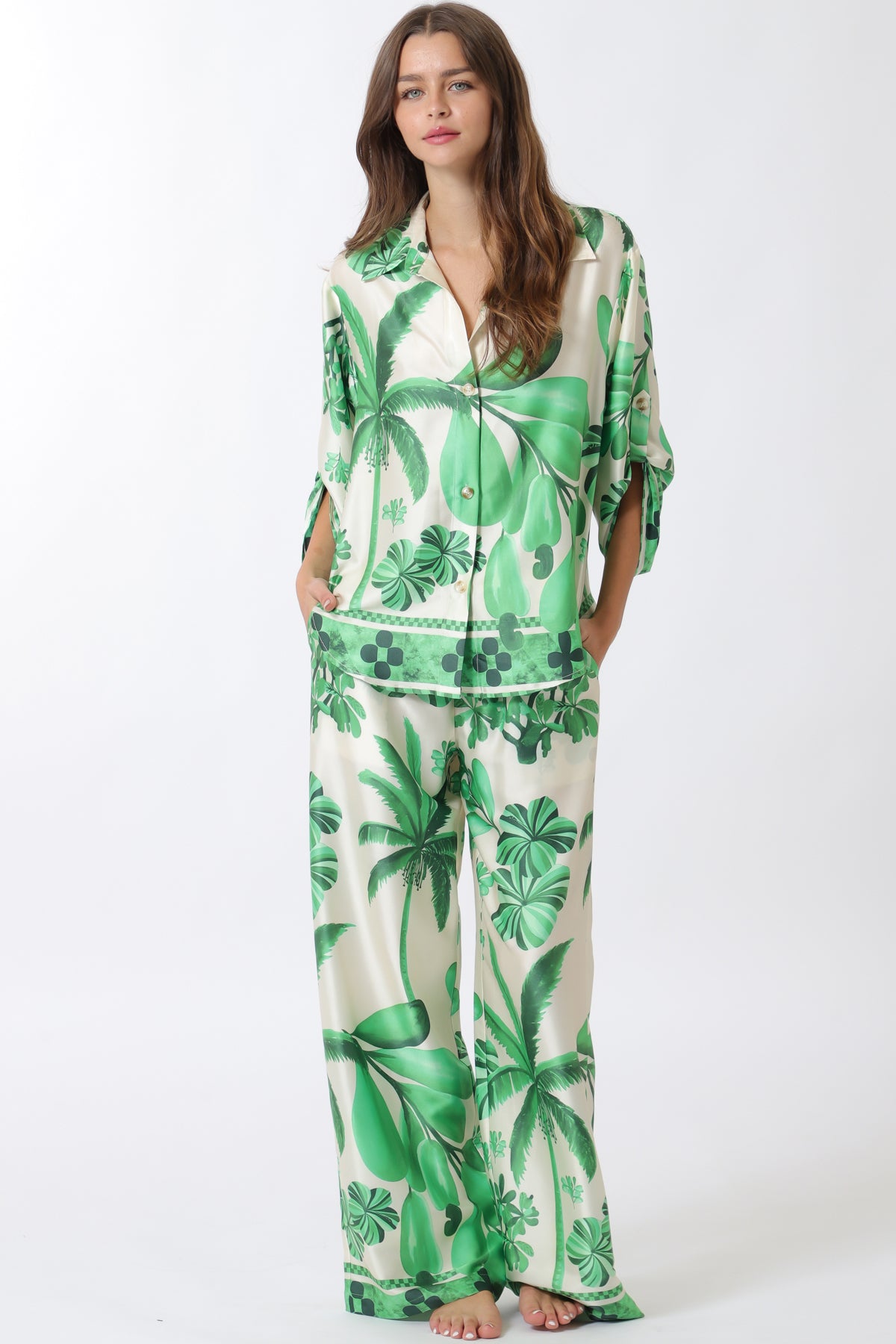 Aakaa Kimono V-neck Top and Long Pants Set