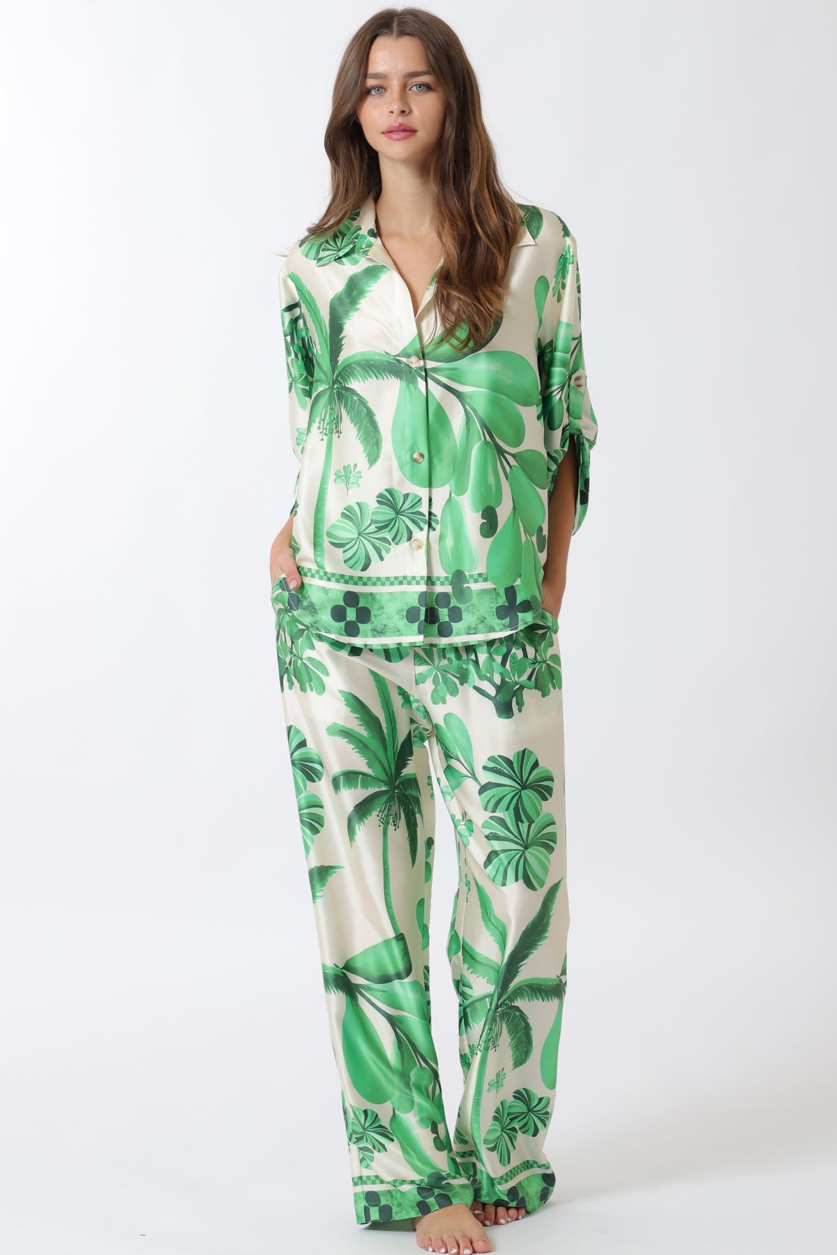 Aakaa Kimono V-neck Top and Long Pants Set