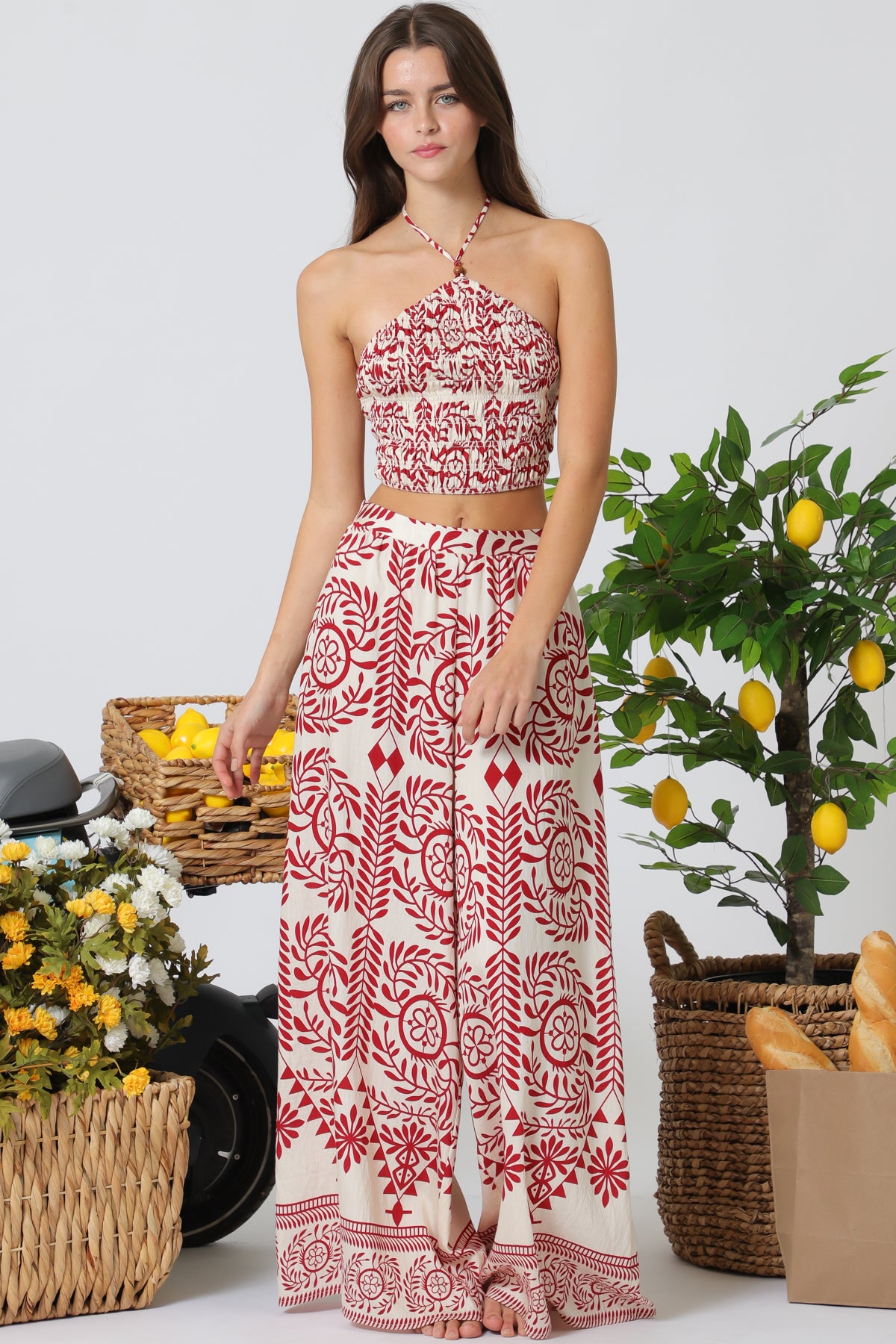 Aakaa Halter Elastic Smocked Top & Elastic Back Waisted Pants Set