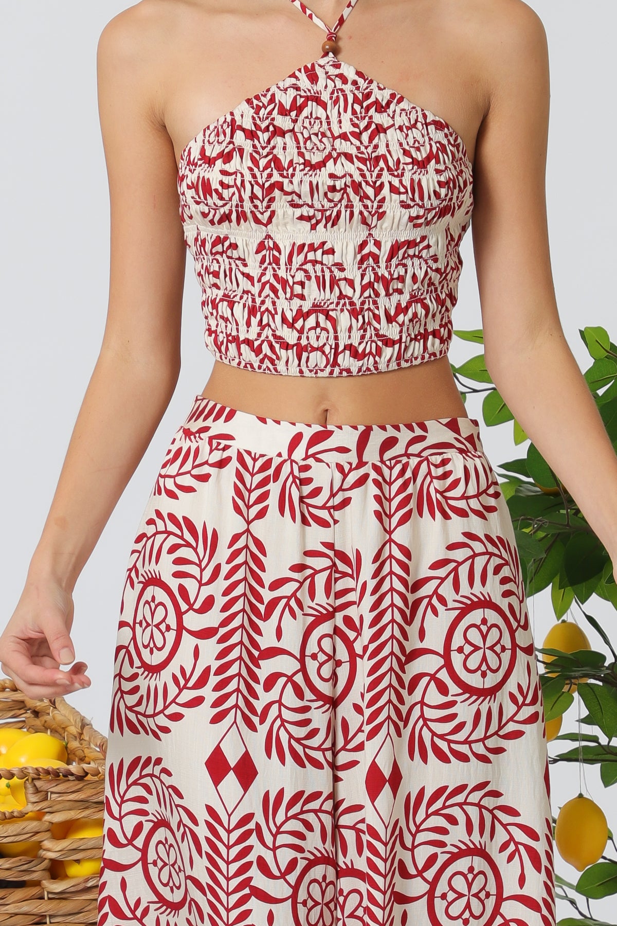 Aakaa Halter Elastic Smocked Top & Elastic Back Waisted Pants Set