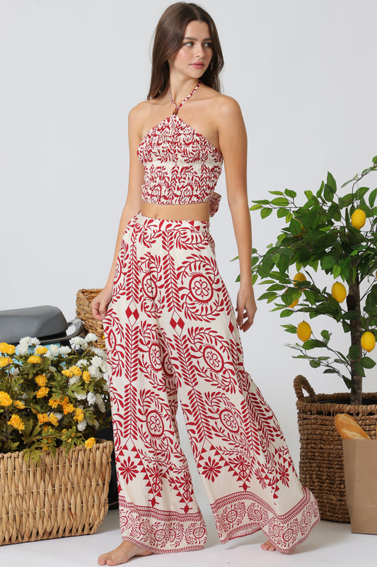 Aakaa Halter Elastic Smocked Top & Elastic Back Waisted Pants Set