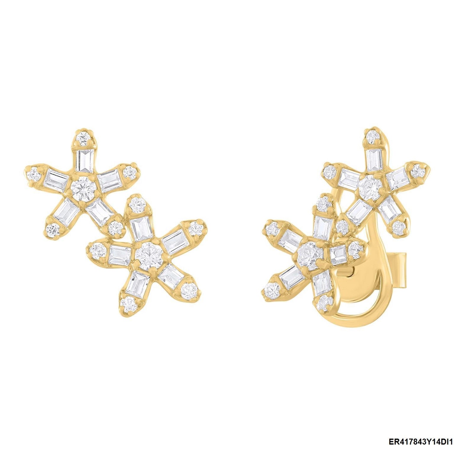 14K Yellow Gold Double Flowers Baguette Diamond Ear Cluster Earrings POS