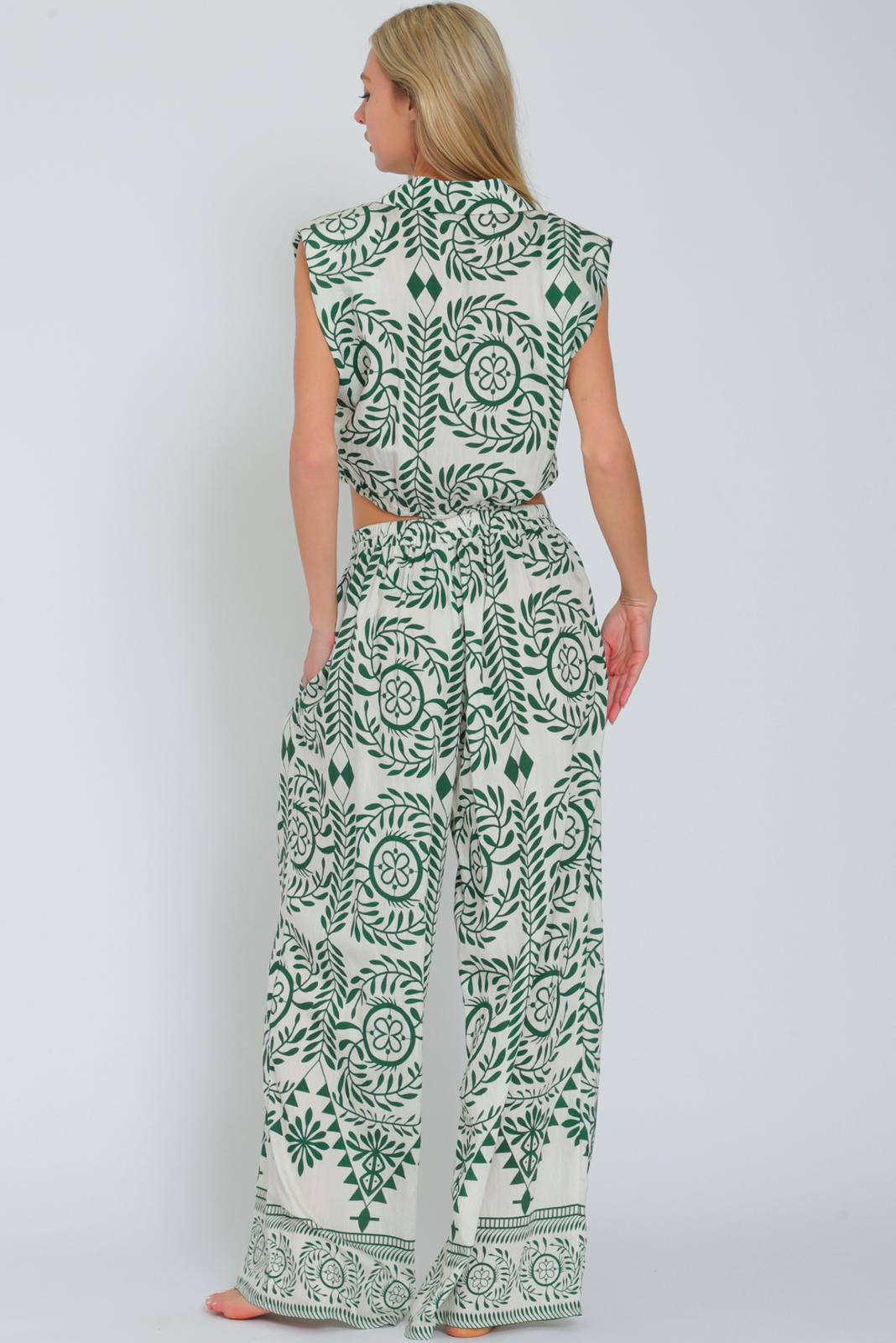 Aakaa Shoulder Pad Button Down Top & Long Pants Set