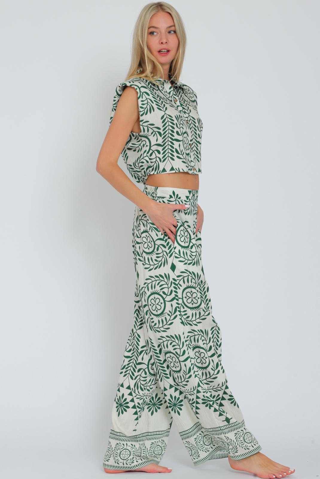 Aakaa Shoulder Pad Button Down Top & Long Pants Set