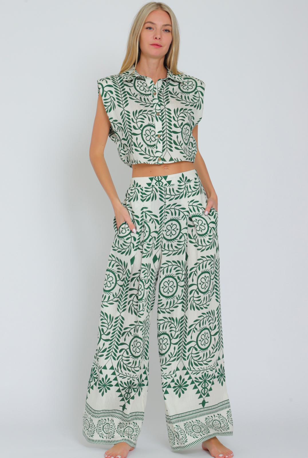 Aakaa Shoulder Pad Button Down Top & Long Pants Set