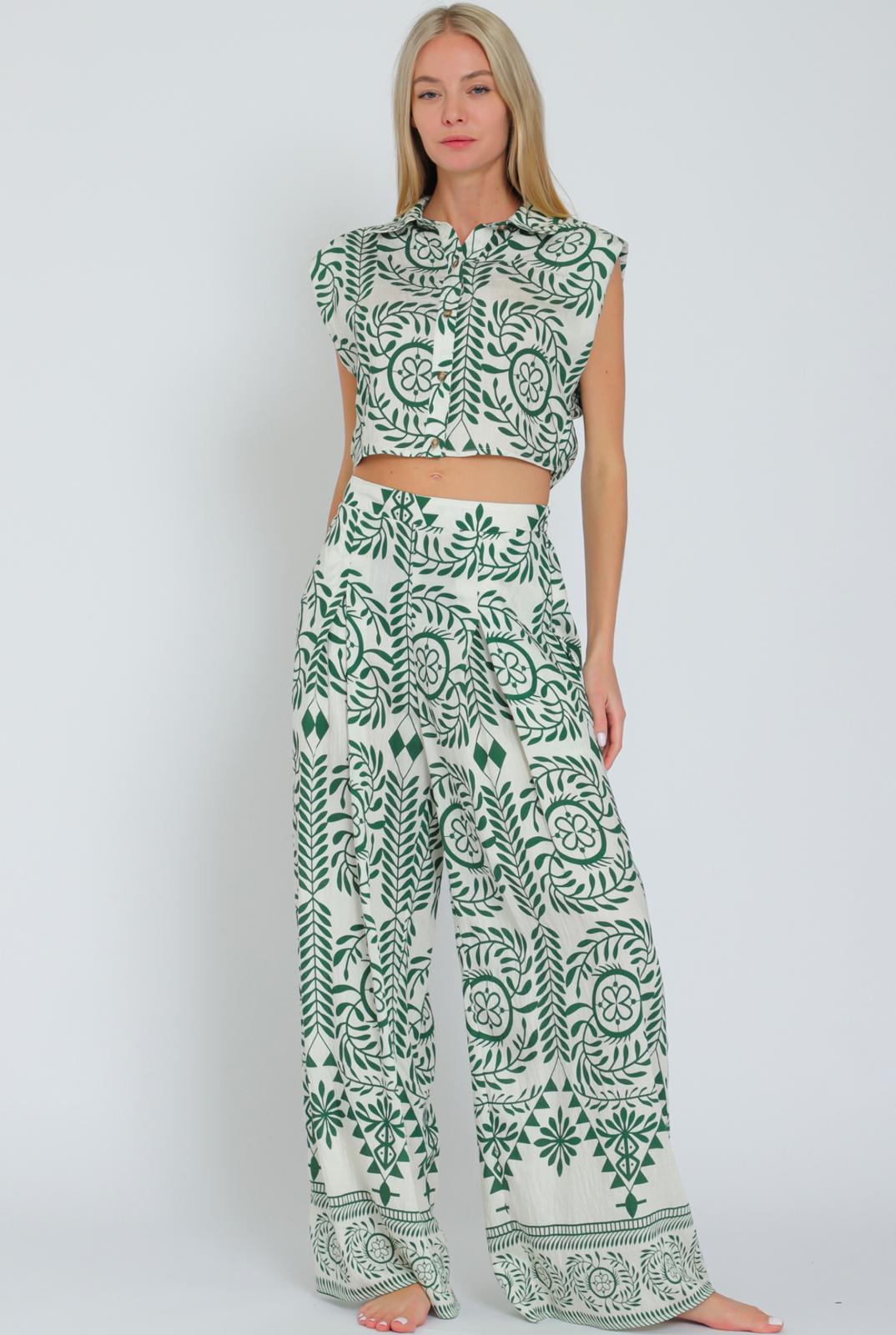 Aakaa Shoulder Pad Button Down Top & Long Pants Set