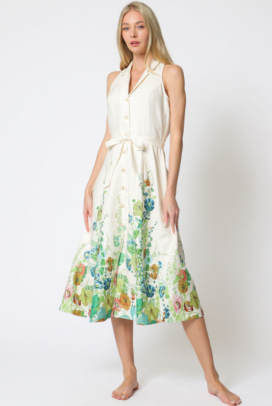 Aakaa Sleeveless Button Down Belted Border Printed Midi Dress