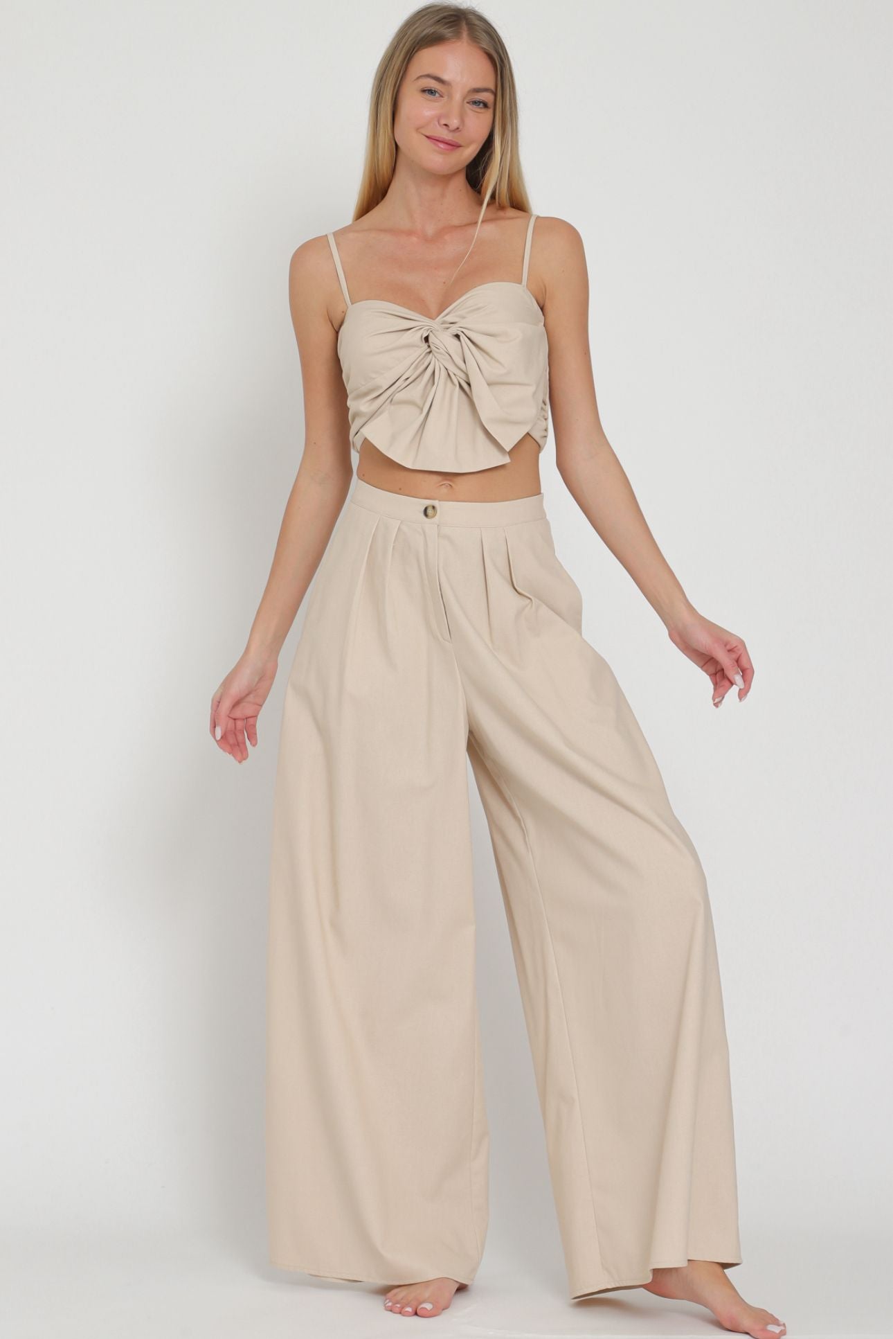 Aakaa Thin Adjustable Strap Ribbon Top & High Waisted Long Pant Set