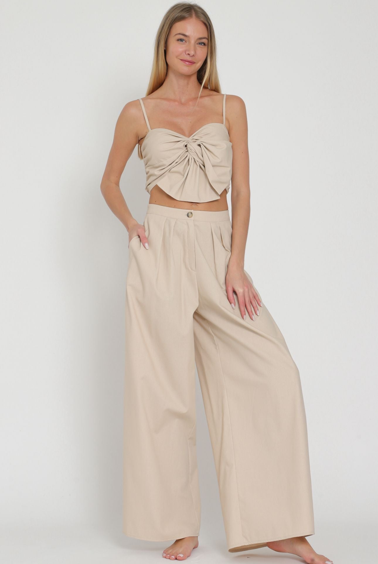 Aakaa Thin Adjustable Strap Ribbon Top & High Waisted Long Pant Set