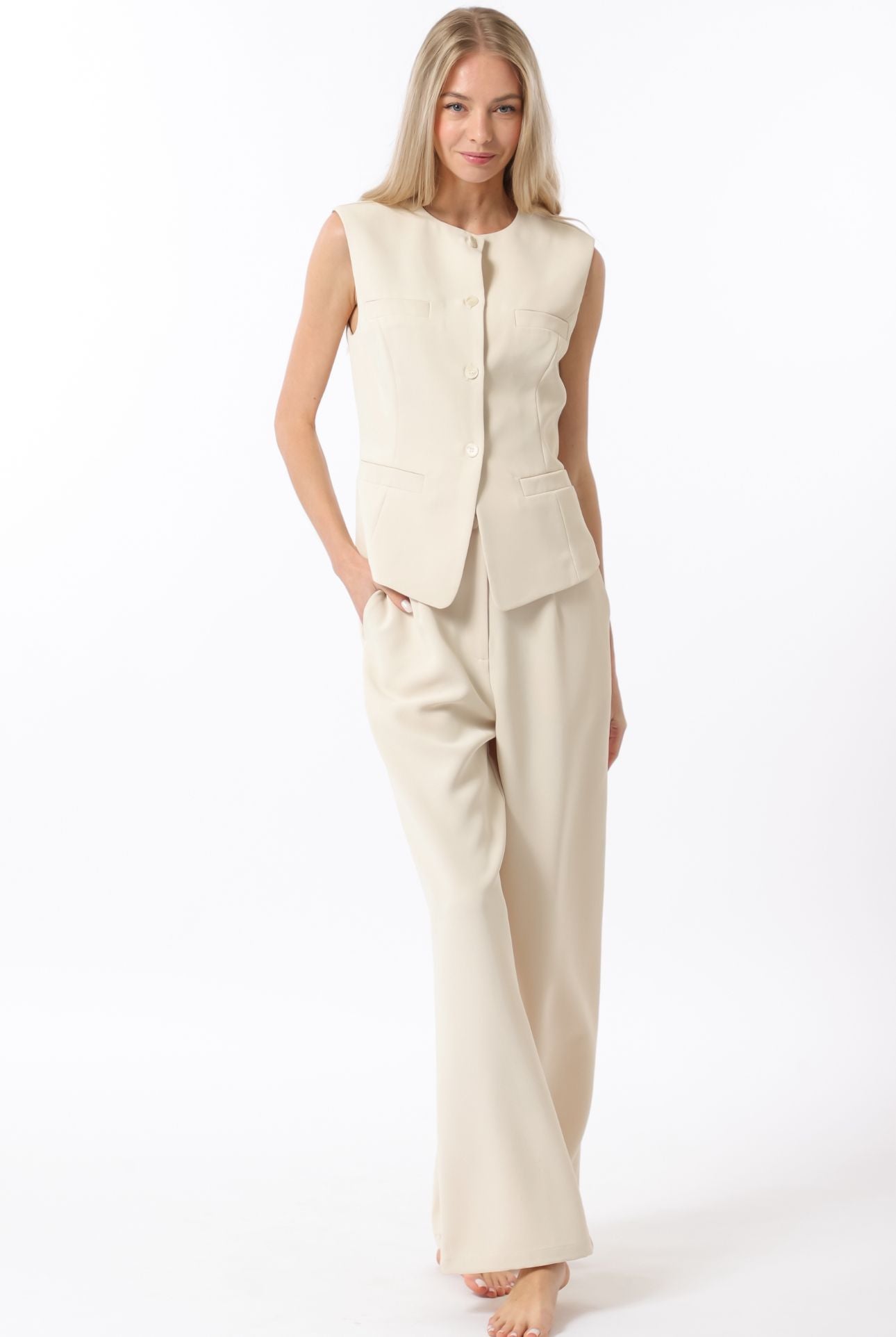 Aakaa Sleeveless Button Down Top & High Waisted Long Pant Set