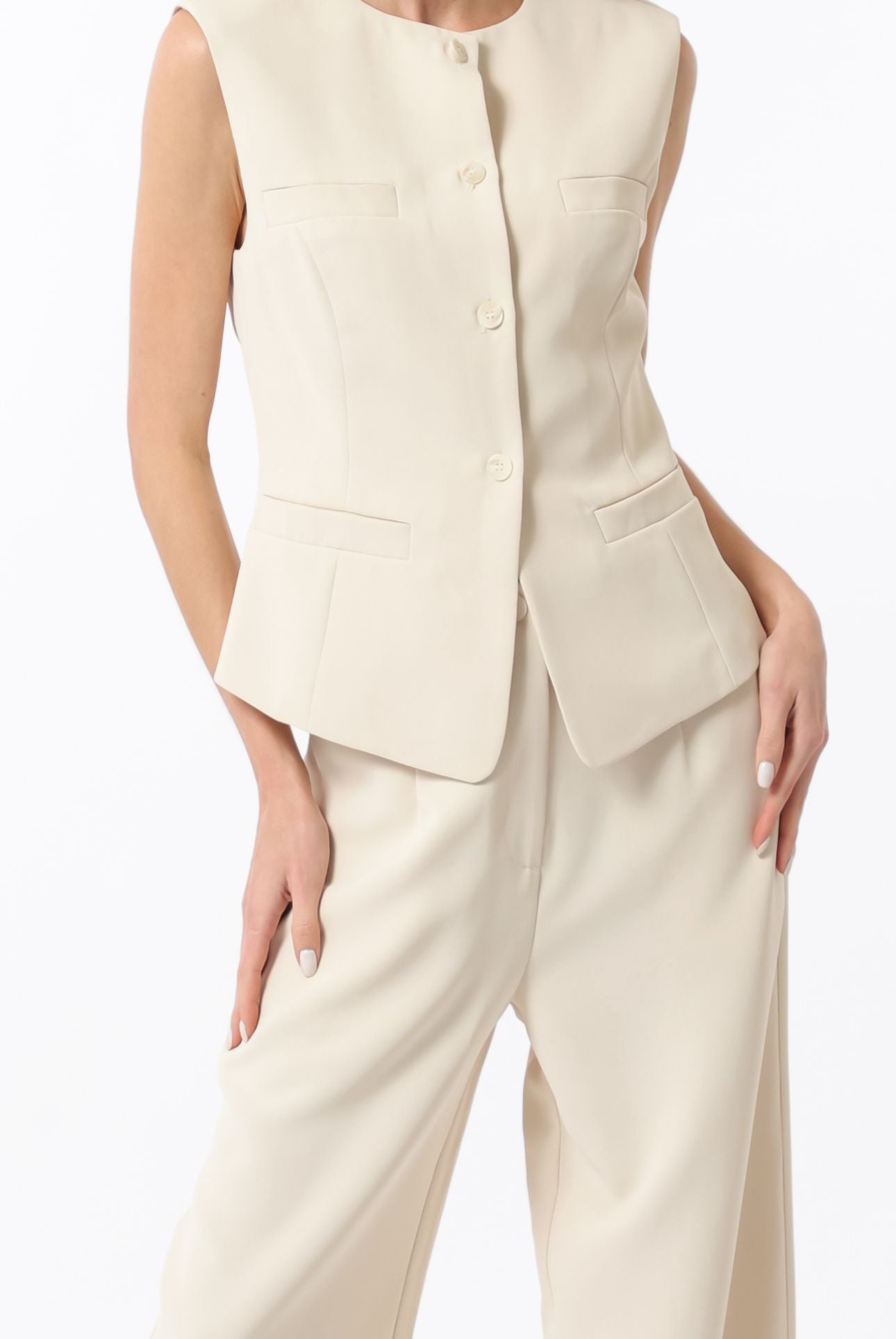 Aakaa Sleeveless Button Down Top & High Waisted Long Pant Set