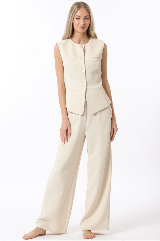 Aakaa Sleeveless Button Down Top & High Waisted Long Pant Set