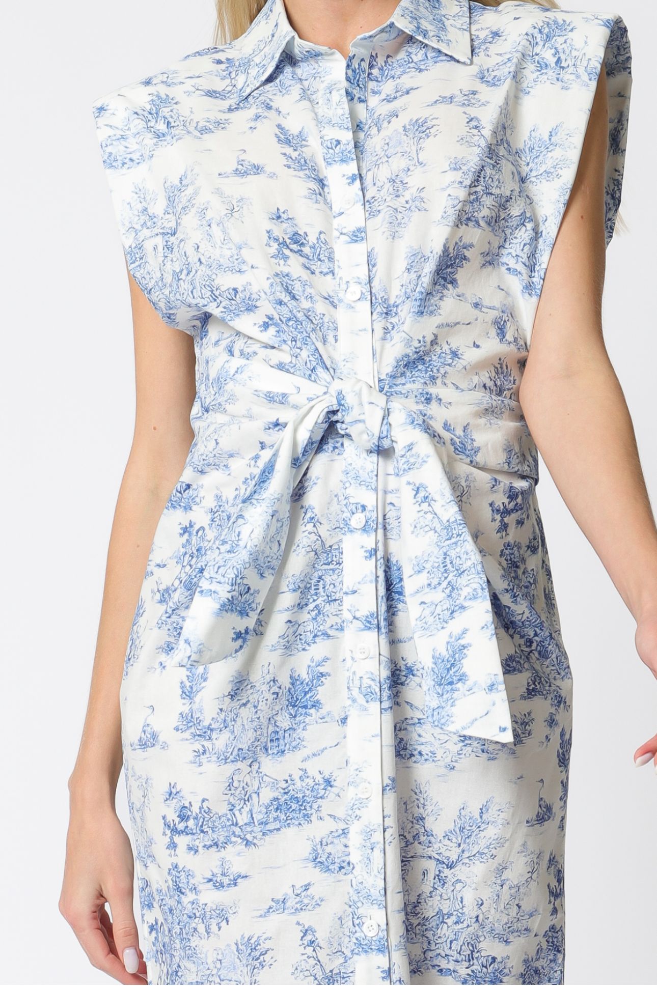 Aakaa Shoulder Pad Button Down Tie Front Waisted Midi Dress