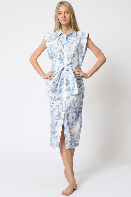 Aakaa Shoulder Pad Button Down Tie Front Waisted Midi Dress