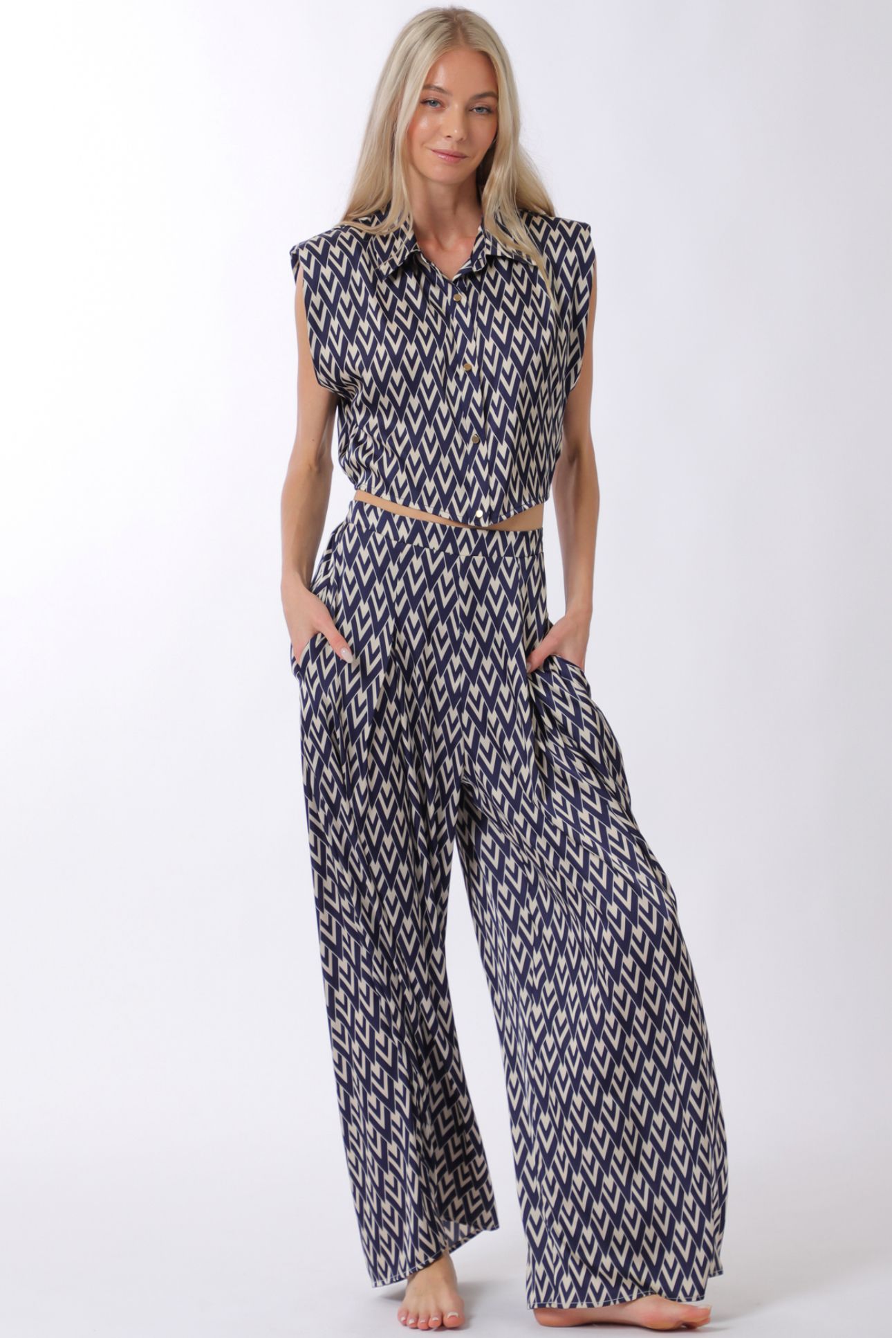 Aakaa Shoulder Pad Button Down Top & Long Pant Set