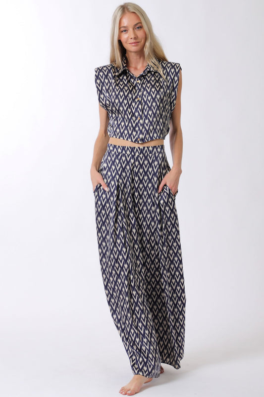Aakaa Shoulder Pad Button Down Top & Long Pant Set
