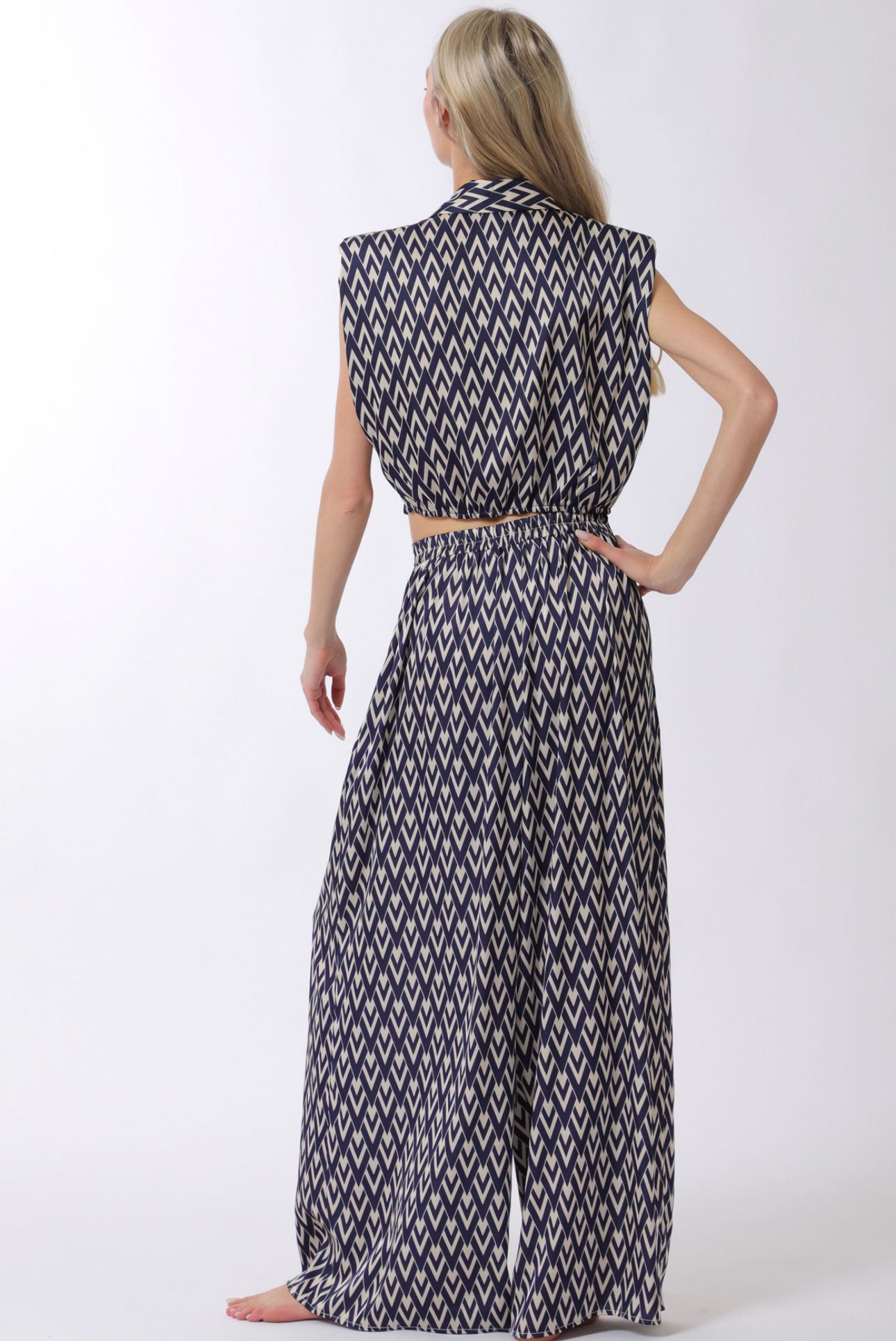 Aakaa Shoulder Pad Button Down Top & Long Pant Set