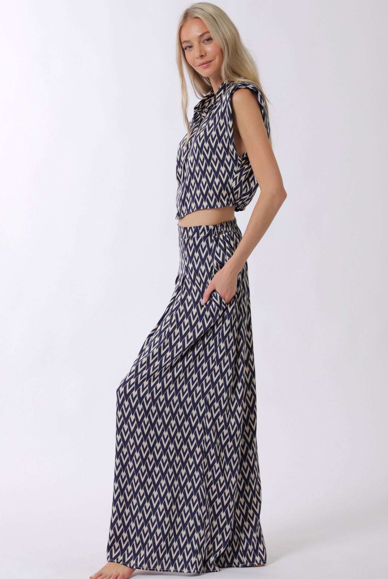 Aakaa Shoulder Pad Button Down Top & Long Pant Set