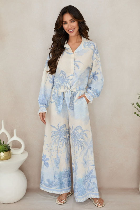Milio Milano Tropical Palm Tree Button Down Long Sleeve Tie Top
