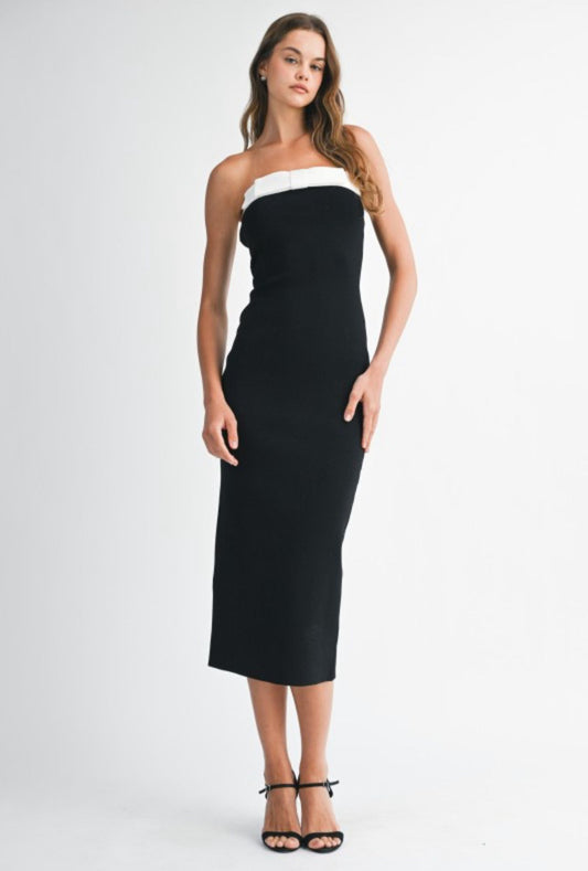Mable  Strapless Knit Contrast Trim Midi Dress with Bow