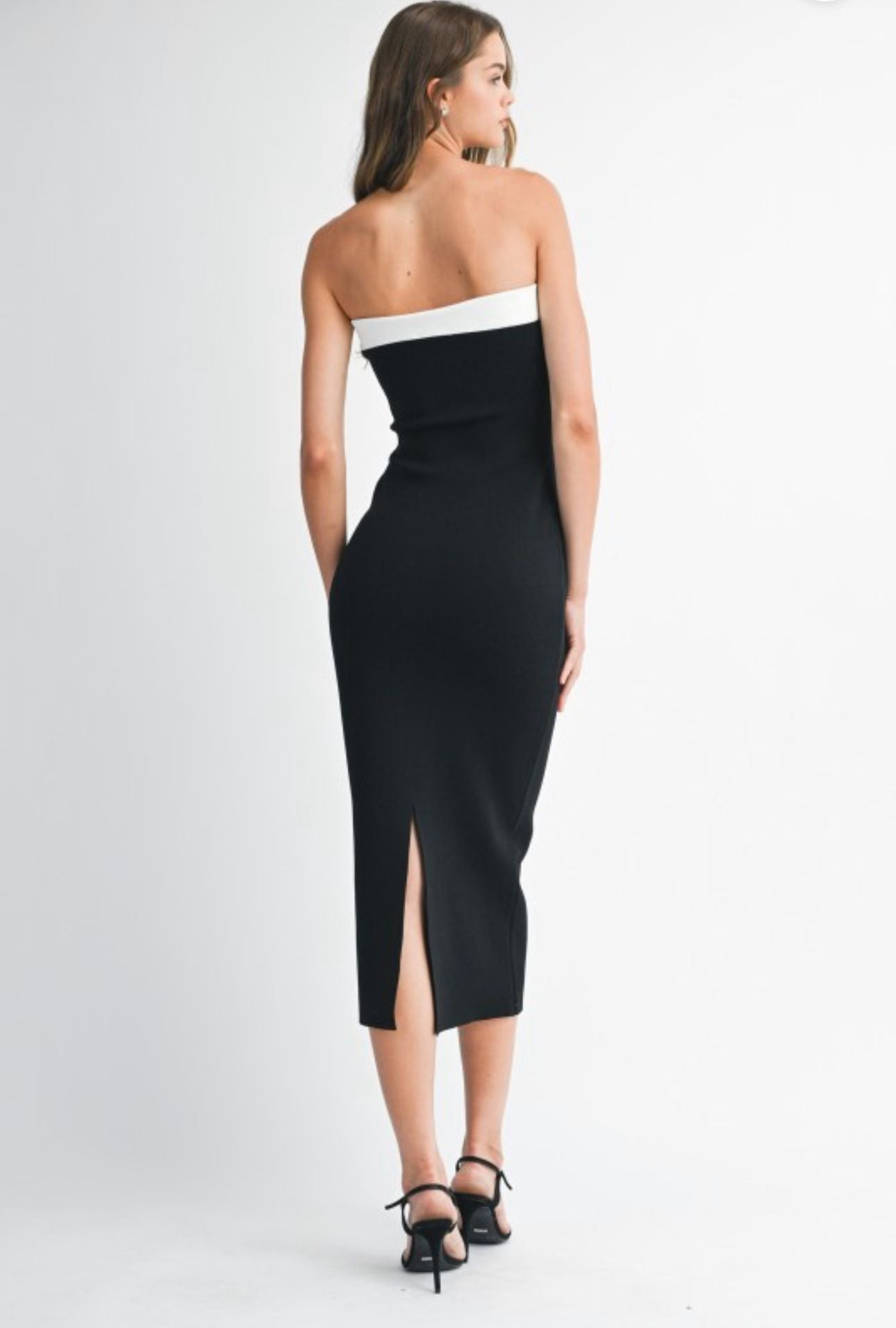 Mable  Strapless Knit Contrast Trim Midi Dress with Bow