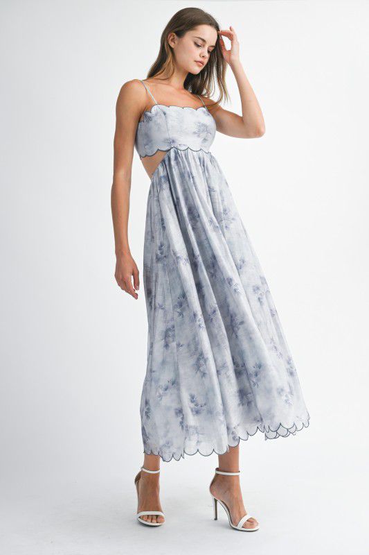 Mable Floral Print Contrast Scallop Edge Midi Dress