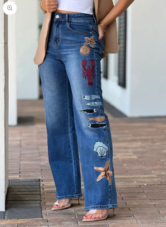 Peekskill High waisted Embroidered Denim Jeans with Lobster and Fish Design Bottom