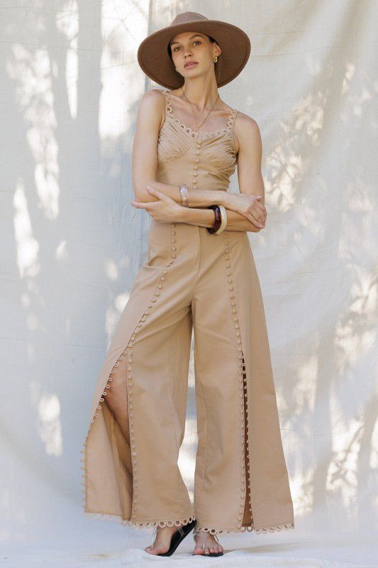 Eb luxe Scalp Trip Bottom-Front Crop Top with Embroidered Hem Wide-Leg pants Set
