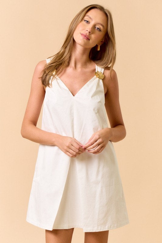 Lalavon Shirred Mini Dress with Leaf Embellishment