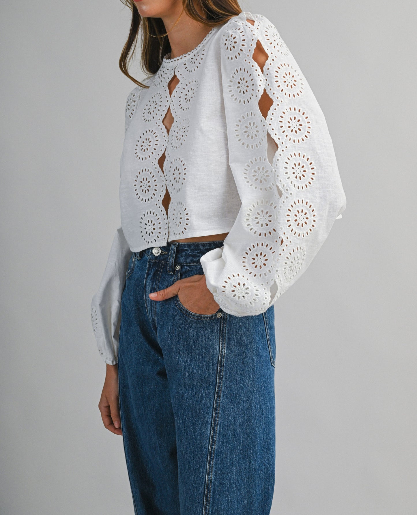 Mable Linen Eyelet Long Song Sleeves Top