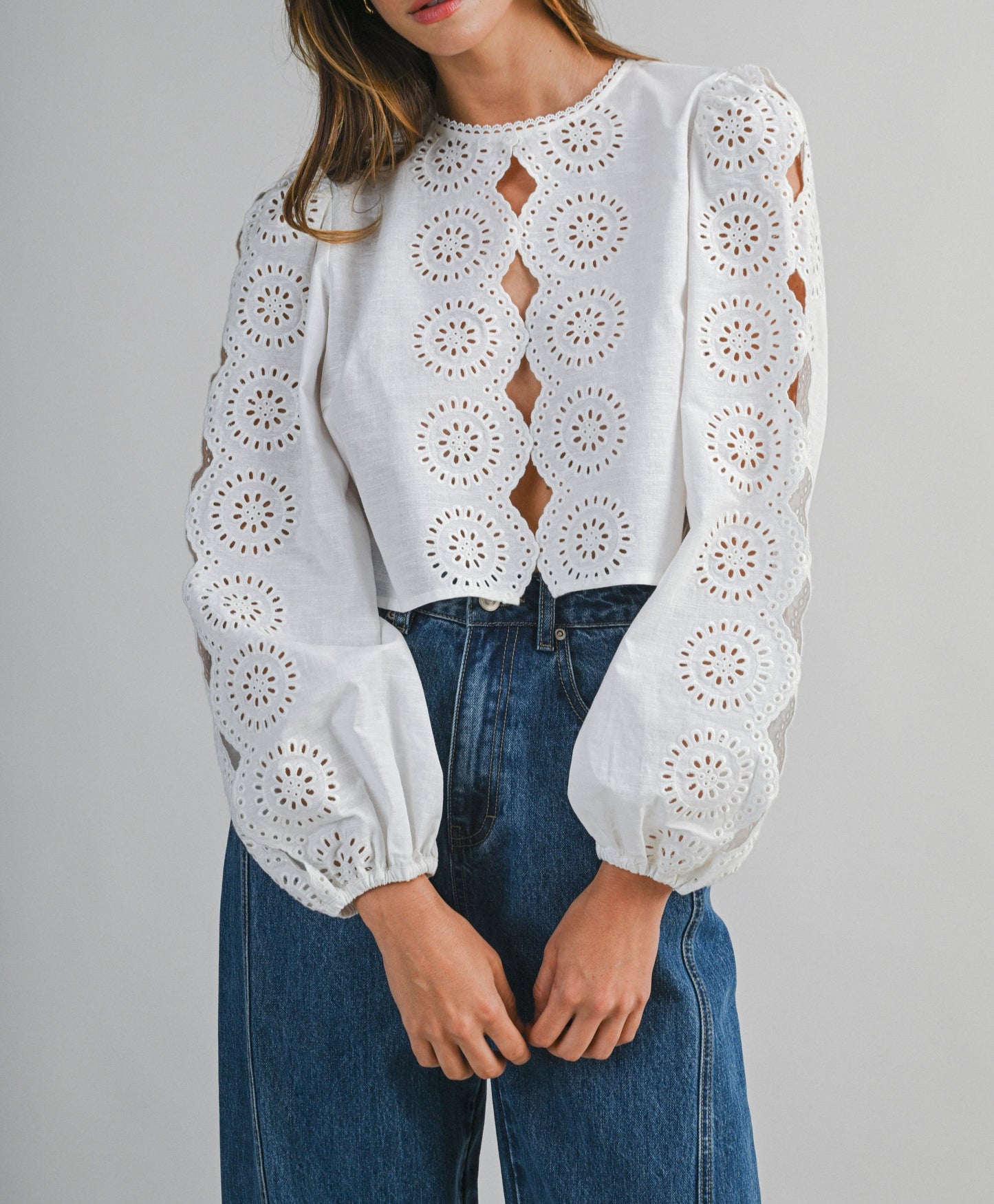 Mable Linen Eyelet Long Song Sleeves Top