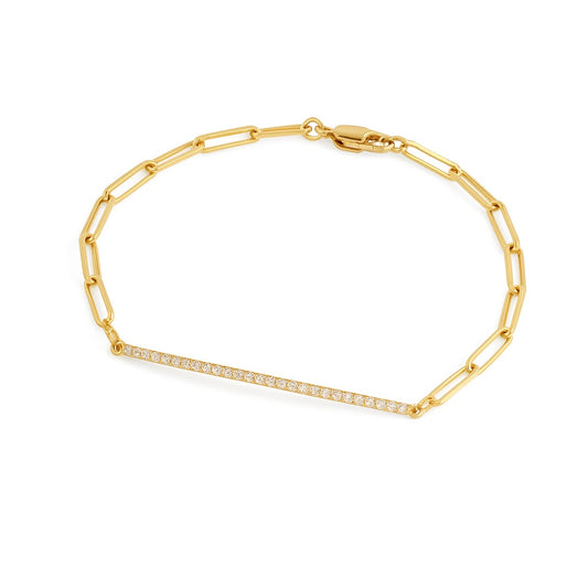 14K Yellow Gold Bar Paper Clip with Diamond Bracelet