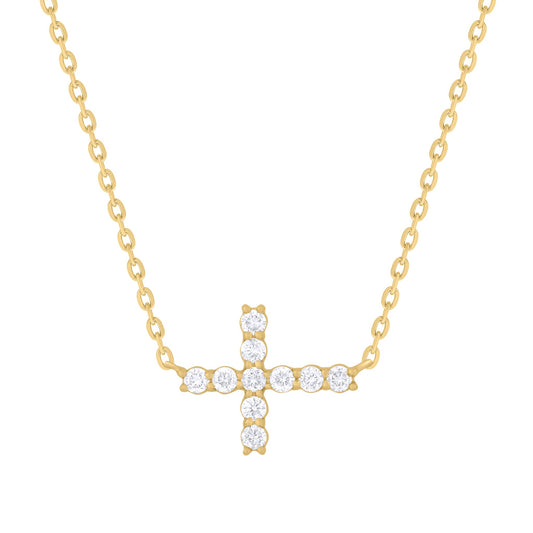 14k Yellow Gold and Diamond Side Cross Necklace