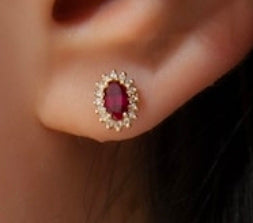 14K Yellow Gold Oval Ruby with Diamond Earrings