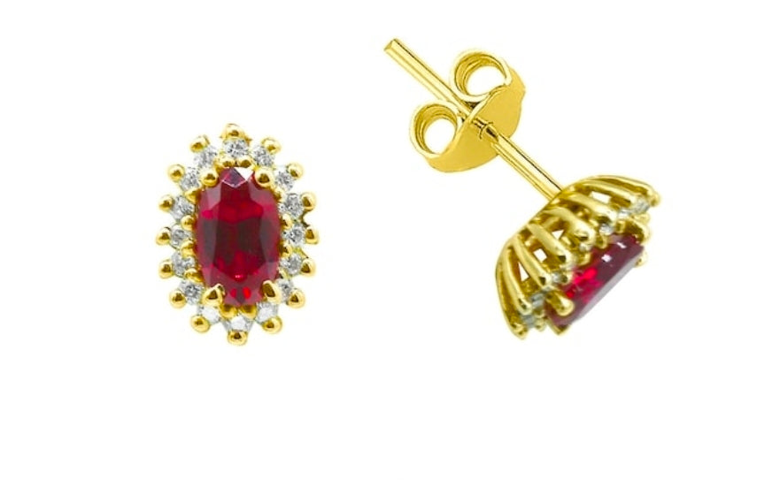 14K Yellow Gold Oval Ruby with Diamond Earrings