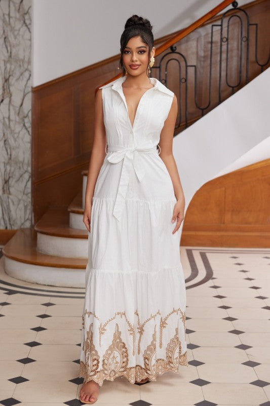 Chicways Maxi Dress with Button Down Closure Collar Neck on the Top Dress