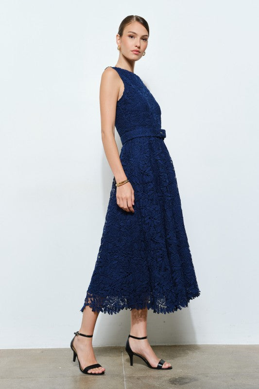 Ina Floral Lace Belted Sleeveless Midi Dress