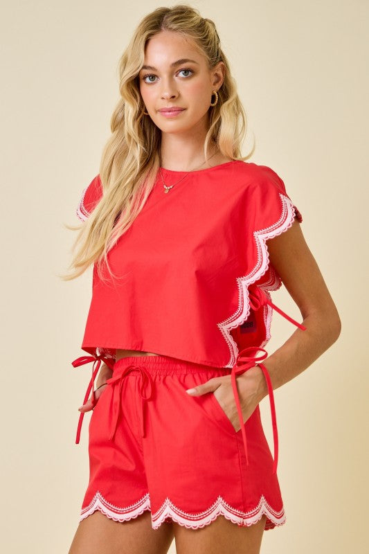 Day + Moon Scalloped Embroidered Sleeveless Crop Top  Trim Elastic Waist Shorts Set