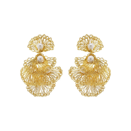 Lavish Earrings Pearl and Gold Handmade Crochet Earrings
