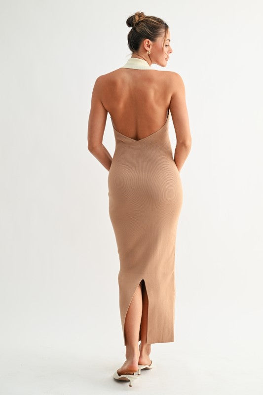 Evenuel Contrast Collar Halter Knit Midi Dress